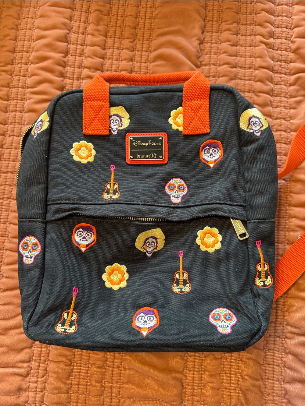 Loungefly Black Backpack with Orange Straps and Multicolor Embroidery